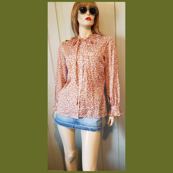 VTG 80s GLORIA VANDERBILT Tie Neck Ruffle Floral Button down Designer Blouse - Picture 2 of 9